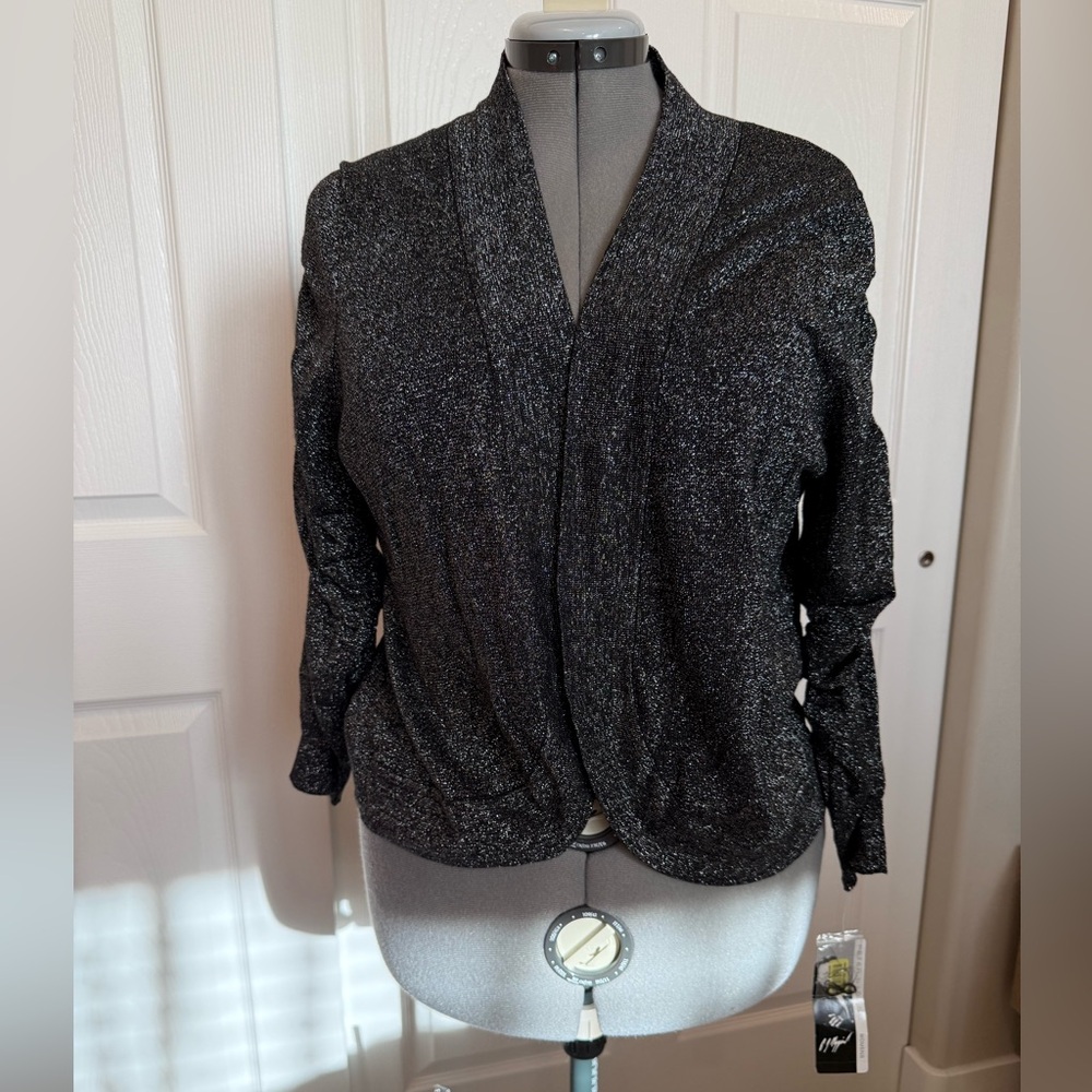 Peter Nygard Dressy Casual Black-Silver Glitter Ruched Slev Open Cardigan 1X NWT